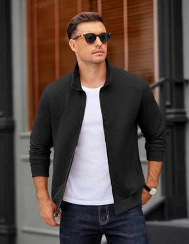 COOFANDY Mens Zip Up Sweatshirt Mock Neck Quilted Jacket Casual Lightweight Sweater Jackets with Pocket2