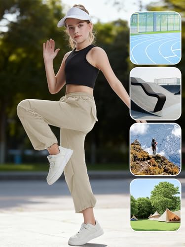 Image of Girls Parachute Cargo Pants Drawstring Waterproof Causal Hiking Pants for Girls Pockets Lightweight Running Joggers