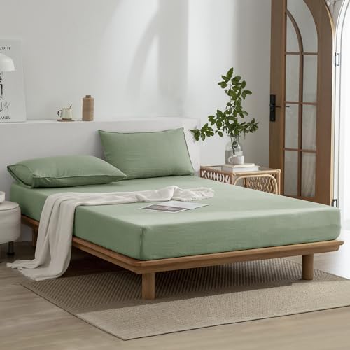 Image of EVERLY Linen Sheets Set Queen Size,100% French Stonewash Pure Linen Sheets Set,4Pieces (1Flat Sheet,1Fitted Sheet,2Pillowcase) Suitable for Hot Sleepers,Natural Linen Bed Set-Saga Green-Queen