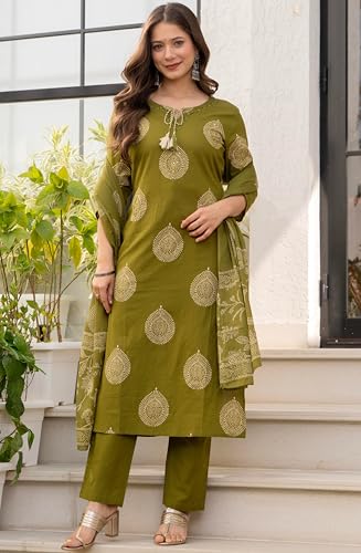 Image of rytras Women Woman Pure Cotton Straight Kurta Sets with Palazzos Pants & Dupatta|Kurti Set for Woman|Suit Set for Women Cotton