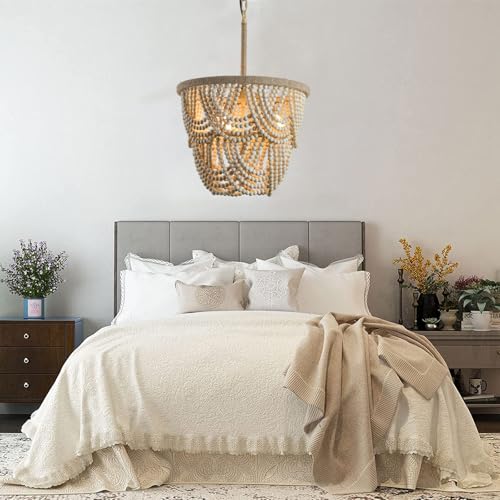 Topaluce Wood Beaded Chandelier 3-Lights Rustic Antique Coastal Boho Pendant Light Fixtures for Nursery Baby's Bedroom Dining Room Living Room Kicthen Entryway - Image 2