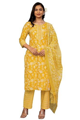 Image of MIRCHI FASHION Pure Cotton Floral Kurta Set for Women with Dupatta & Pant | 3 Piece Straight Fit Ethnic Outfit | Breathable Summer Salwar Suit