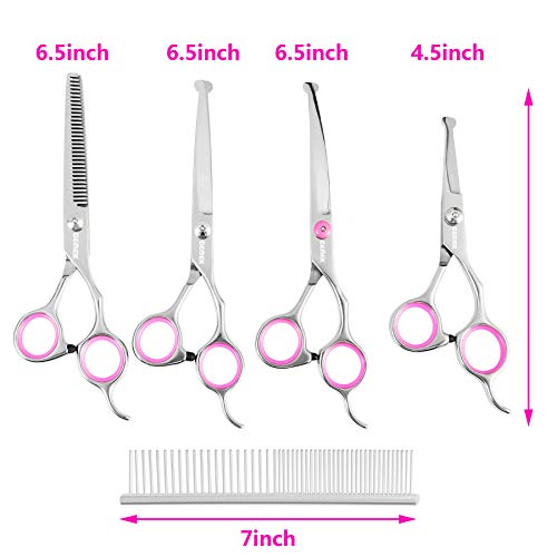 Gemek Dog Grooming Scissors Set, 4Cr Stainless Steel Safety Round Tip Pet Professional Grooming Tool 5 Pieces Kit - Straight, Curved, Thinning Shears & Comb For Dogs, Cats And Other Animals #TOP2