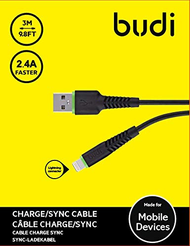 Budi Data Cable iPhone 7, 7plus,6, 6s, 6plus, 5s, 5 // 3-Meters, M8J150l09-BLACK