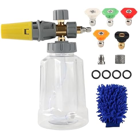 NewBEP Adjustable Foam Cannon for Pressure Washer with M22 & 1/4 Inch Quick Connect and 5 Pressure Washer Nozzle, 1 Liter Bottle, Fits Most Car Washing Accessories Cover
