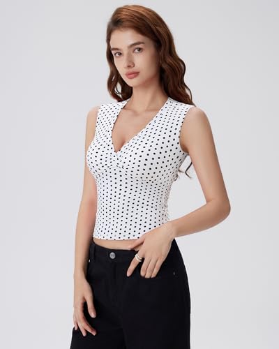 Image of SUUKSESS Women Built in Bra V Neck Tank Tops Double Lined Summer Going Out Camisole Tops