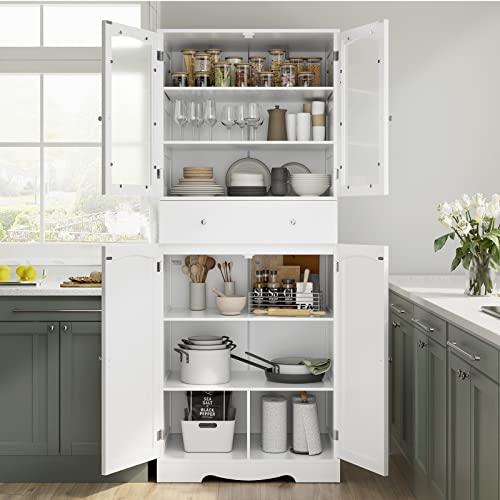 Horstors Kitchen Storage Cabinet, Freestanding Pantry Cabinet With Large Drawer And Shelves, Tall Utility Storage Cabinet For Kitchen, Living Room, Bathroom, Office, White, 29.9"L X 15.7"D X 70.8"H #TOP5