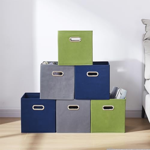 Image of Lanrinwon 11 Inch Fabric Collapsible Storage Cubes,6 Pack Colored Closet Storage Bins with Metal Handles Foldable Cube Baskets for Organizing Clothes, Toys, Books（Green, Gray, Dark Blue）