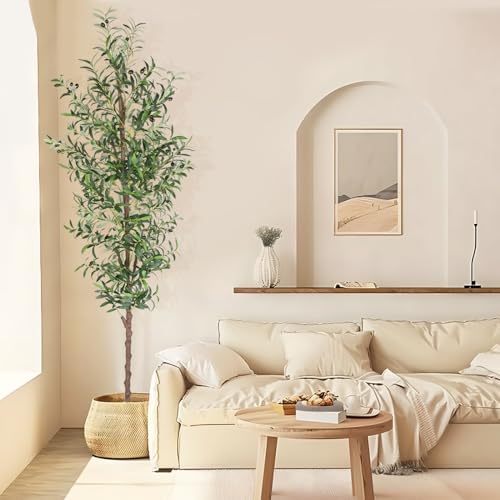 CETRD Artificial Olive Tree, 8FT Tall Faux Olive Trees 96in Outdoor Fake Potted Silk Plant with Trunk and Realistic 1574 Leaves and 48 Fruits for Modern Office Home Decor Indoor（1pack）