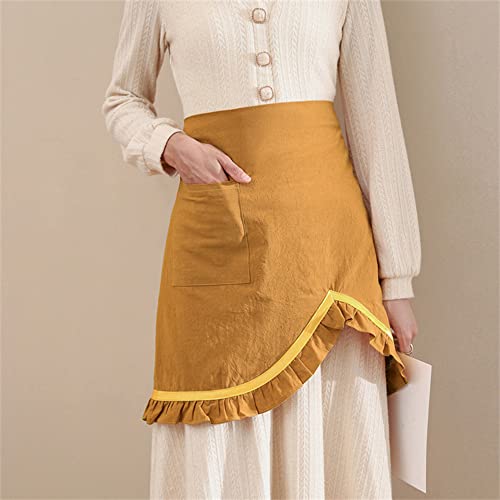 Floosum Soft Cotton Linen Solid Wrap Ruffle Hem Waist Apron Kitchen Cooking Restaurant Bistro Half Aprons With Pocket For Girl Women, Yellow #TOP2