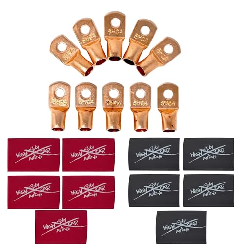 Sky High Car Audio (10) 1/0 Gauge Copper Ring Terminals 3/8" RED/Black Heat Shrink Tubing LUGS