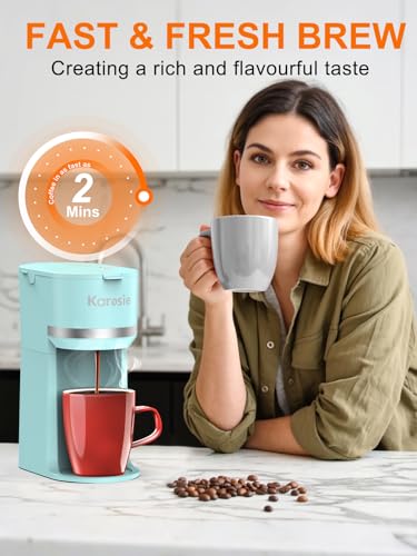 Image of Single Serve Coffee Maker for K-Cup and Ground Coffee,Fast Brew,6-12 oz Brew Sizes One Cup Coffee Machine Fits 5.5 inch Mugs,One-Button Coffee Maker with Descaling Reminder,Light Blue,9.45 Inches