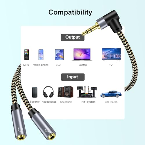 Hanprmeee Headphone Splitter,right angle 3.5mm Male TRS to 2 Dual 3.5mm Female Adapter Nylon-Braided Stereo Y Aux Cable Splitter for Phone Speakers - Image 4