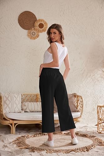 Womens Linen Pants Elastic High Waisted Wide Leg Drawstring Casual Loose Cropped Pants with Pockets4
