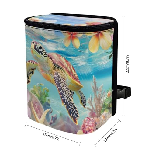 Image of Talayituse Turtle Hibiscus Plumeria Print Car Trash Bin, Large Size Auto Trash Can Adjustable Portable Garbage Can with Lid, Vehicle Hanging Bag for Headrest Front Back Seat