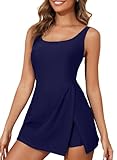 Aleumdr Womens Athletic One Piece Swimsuit Swim Dress Tummy Control Split Hem Bathing Suit with Skirted Navy Blue Large