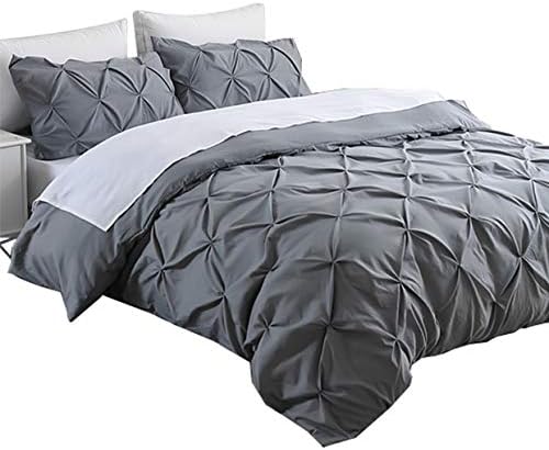 Ucharge Unique Pinch Pleat Pintuck Duvet Cover Set,3 Pieces Decorative Stylish Brushed Microfiber Bedding Set With Zipper and Corner Ties (Queen Grey)