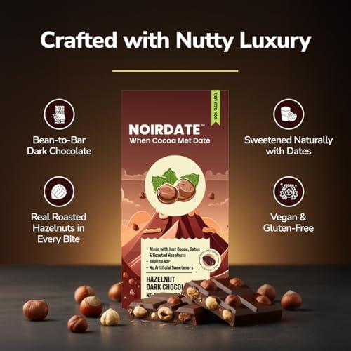 Image of NoirDate Hazelnut Dark Chocolate - 75g, Bean to Bar, Sweetened with Dates, Refined Sugar Free, Clean Label, Healthy, Vegan, Gluten-Free, Guilt-Free Indulgence (Pack of 1)