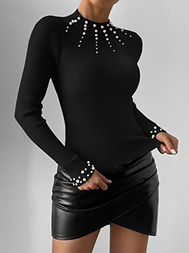 Image of WDIRARA Women's Pearls Beaded Rib Knit Mock Neck Long Sleeve Tops Slim Fit Tee Shirt