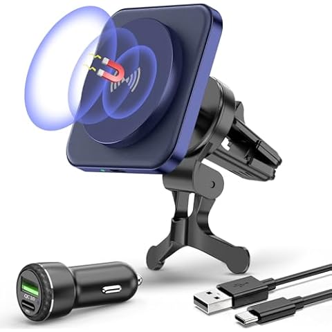 for MagSafe Car Mount Charger - 15W Wireless Magnetic Car Charger Holder for iPhone 16/15/14/13/12 Series, Air Vent, Stable, Strong Magnets, Vegan Leather, Blue with Adapter Cover
