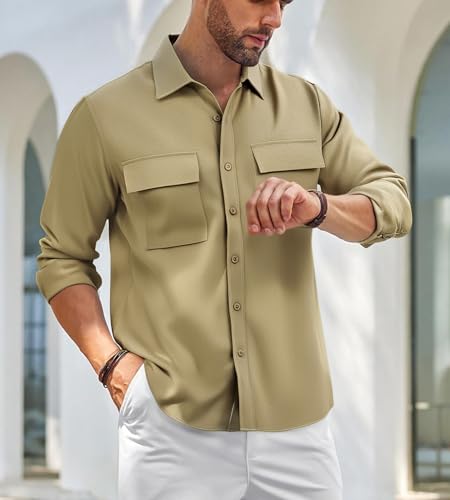 Alex Vando Mens Button Down Shirts Two Pockets Long Sleeve Casual Dress Shirt for Men