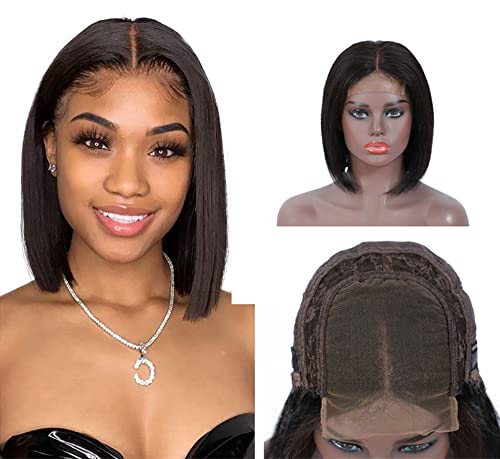 Short Straight Bob 4x4 Lace Front Wigs Human Hair For Black Women HD Lace Closure 150% Density Brazilian Virgin Human Hair Pre Plucked Natural Black Color (8 inch)