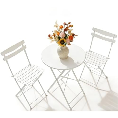 Garvee 3-Piece Patio Bistro Set – Metal Frame Folding Patio Furniture, Outdoor/Indoor Bistro Table and Chairs Set, No Assembly Needed, for Balcony, Yard, Garden (White)