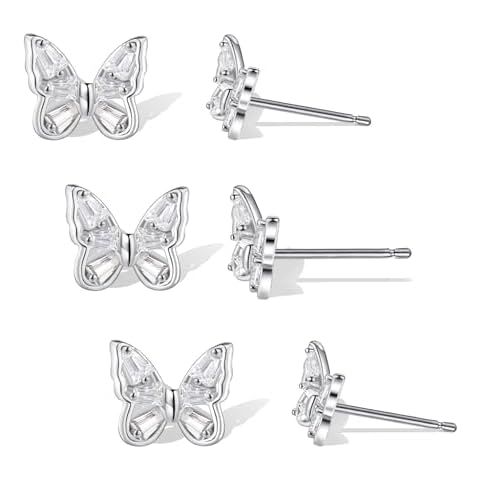 AHSIWC 3 Pairs Butterfly Stud Earrings Set Sterling Silver Earrings for Women, 18K White Gold Plated Dainty Cubic Zirconia Hypoallergenic for Sensitive Ears Gifts for Women Cover