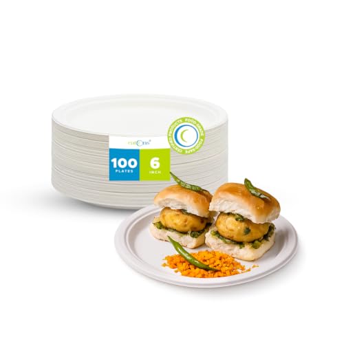 Image of EATONS Bagasse Disposable Plates Small Size [6 Inch, 100 Pack] | Eco-Friendly Disposable Plates for Sancks | Quarter Plate | Sugercane Paper Plates | Birthday, Wedding, Party | Round | White