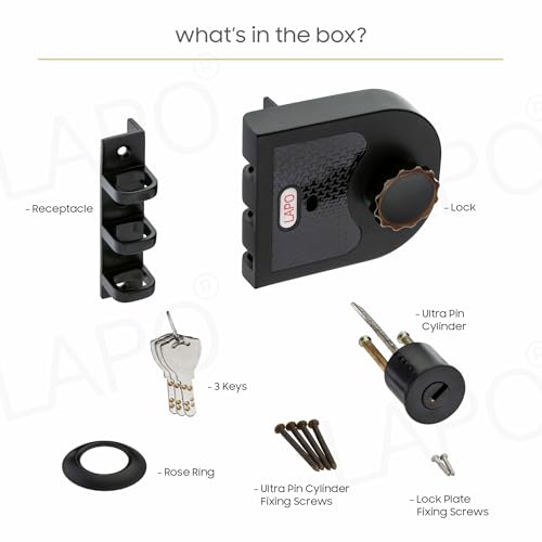 Image of LAPO Ultra Secure XL Rim Lock | Black Finish Strong Deadbolt Security Lock | Suitable for Wooden, Sliding & Double Doors | Left /Right-Hand Inside Opening | 4 Brass Keys | 3-Year Warranty