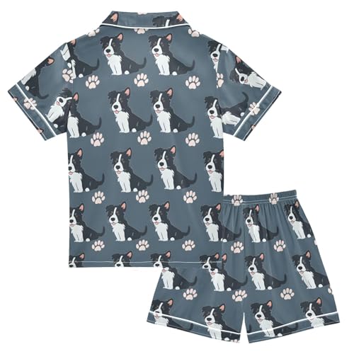 ALAZA Blue Dog Paw Print Puppy Satin Pajamas Set Short Sleeve Button Down Sleepwear Summer Pjs 2 Piece2