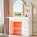 DICTAC Vanity Desk with LED Lighted Mirror and RGB Lights, Large Makeup Vanity with 5 Drawers, Open Shelf, Fold-up Panel, White Dressing Table with Power Outlet and Glass Top for Bedroom,3 Color Modes