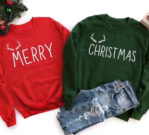 Personalized Handmade Matching Couple Merry Christmas Sweatshirts – Cute Holiday Sweaters for Couples, Funny Festive Xmas Crewnecks Green