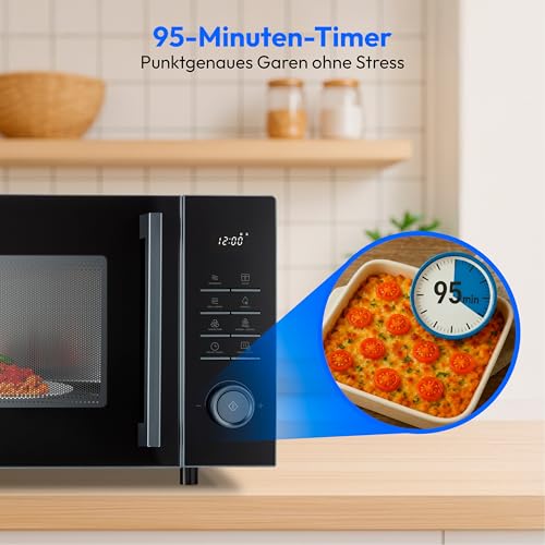 MEDION Mikrowelle mit Grill und Heißluft, Airfryer & Heißluftfritteuse, 25 Liter, 900 W Mikrowellenleistung, Backofenfunktion, inkl. Air fryer Zubehör - Grillrack & Backteller - MD12231 dunkel grau