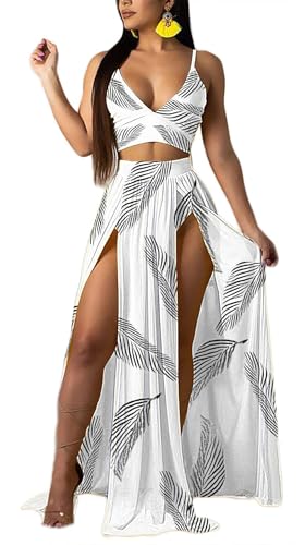 Image of Women Sexy 2 Piece Outfits Dress Chiffon Strap Deep V Neck Bra Crop Top High Split Maxi Dresses Skirt Set