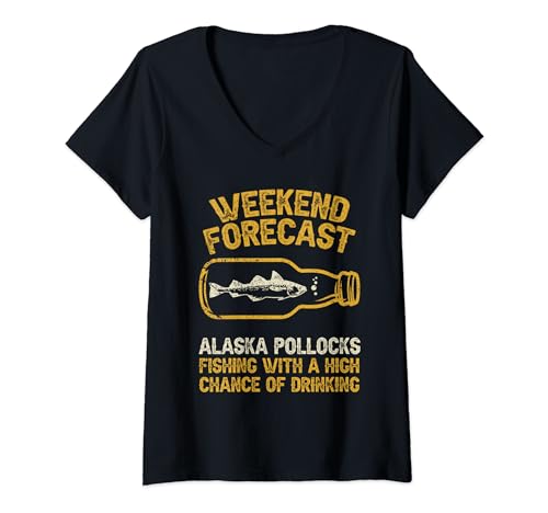 Fisher Pronóstico de fin de semana Pesca - Pescado Alaska Abadejo Camiseta Cuello V