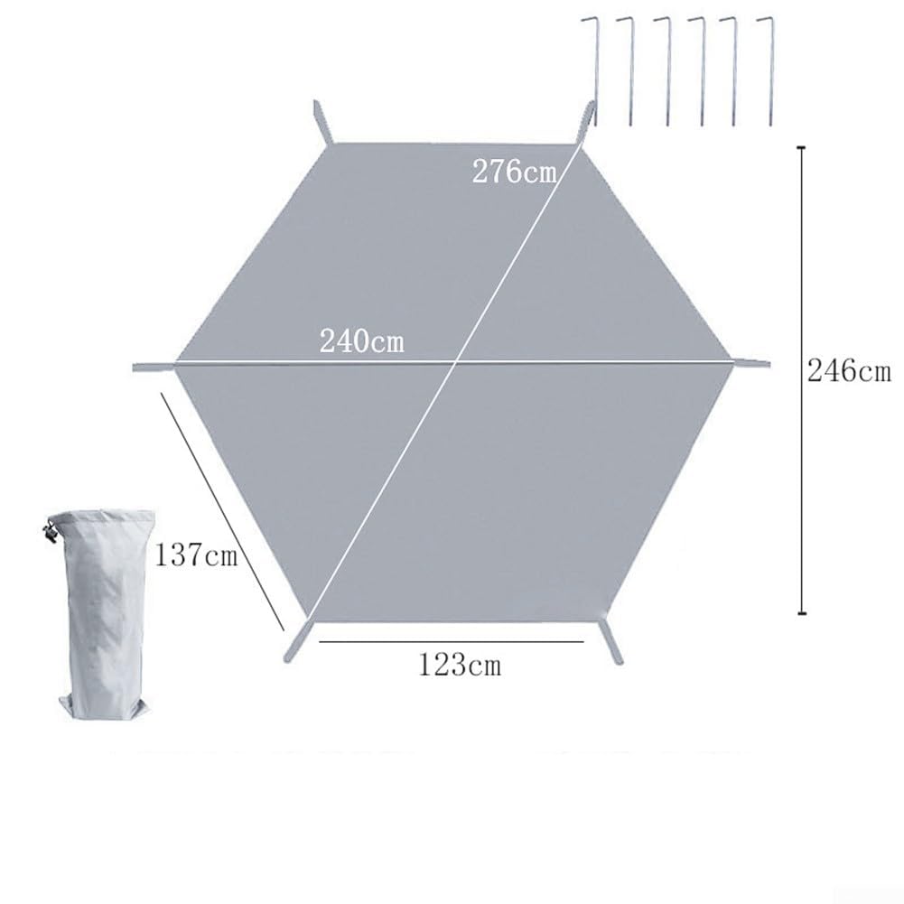 Reißfeste sechseckige Outdoor-Zeltmatte Picknickplane mit Bodennägeln für Regen und Sonnenschutz (370 x 320 cm)