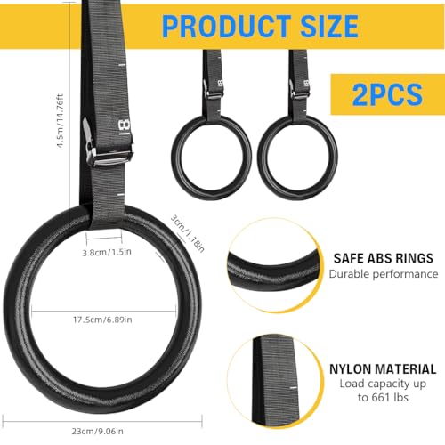 Image of Proberos Gymnastic Rings Set, 300 kg Loading Capacity, 23 mm Dia Heavy-Duty Fitness Gymnastic Rings with Adjustable Straps, Pullup Bar for Home for Balance Training, Daily Exercise, Home Gym