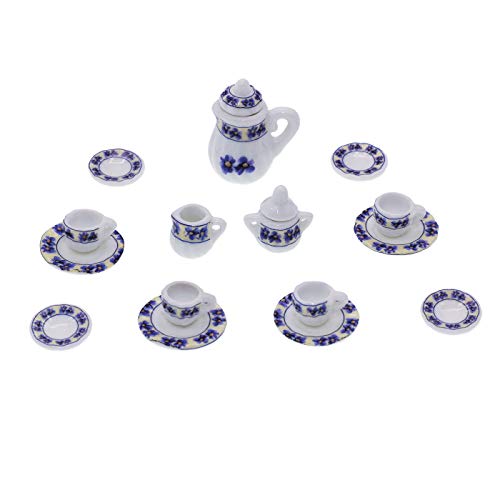 witgift 15 stücke Mini Porzellan Blume Teetasse Set Miniatur Geschirr Für Puppenhaus Haus Küche Möbel Zubehör (Blau)