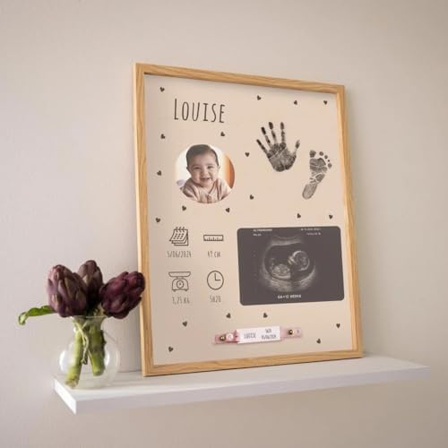 Petit Artichaut Baby Birth Keepsake Frame – Newborn Memory Frame with Photo, Ultrasound & Hospital Bracelet Display, Baby Handprint & Footprint Kit with Contactless Ink, Nursery Decor