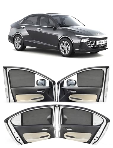 Image of Autofact Hyundai Verna Car Window Sun Shade Protector Non-Magnetic Sun Shade for Car Windows, Z-Black Fix-Type Curtains | Compatible with Verna 2022 Onwards, Half Cut in Driver Window, 4-Piece Set