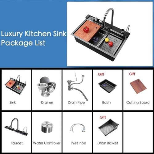 Image of COOTER 30 inch x 18 inch x 9 inch Fully Equipped Kitchen Sink with Integrated Waterfall and Pull-down Faucets with 304 Grade Stainless Steel Nano Black Finish Sink with LED Pannel and Digital Display (PIANO)