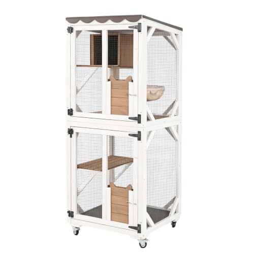 Image of Aivituvin Cat Catio Outdoor Cat House Movable Large Enclosures on Exercise Wheels Kitty Cage with Upgraded Resting Box,Waterproof Cover,24.5 inch L x 23.4 inch W x 62.8 inch H Camel