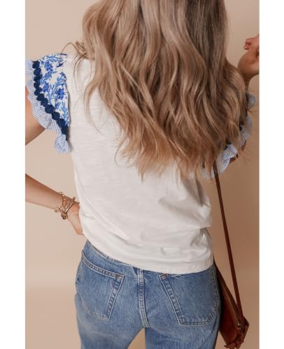 SELINK Womens Summer Ruffle Short Sleeve Top Crewneck T Shirts Floral Trim Casual Blouses2