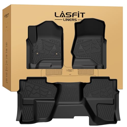 Image of LASFIT Floor Mats 2014-2018 for Chevy Silverado /GMC Sierra 1500, 2015-2019 2500HD 3500 HD, Double Cab Only, 1st Row Bucket Seat, All Weather TPE Custom Fit Car Floor Liners, with Carpet Floor Only