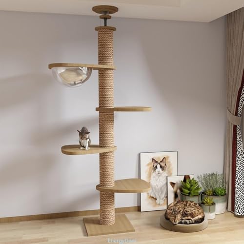 EnergyDeerキャットタワー 突っ張り 木製 大型猫 コットン紐 スリム 木登り 多頭飼い キャットツリー シニア 据え置き 11cm太い支柱 猫タワー 中型 猫キャットタワー おしゃれ コンパクト 省スベース 木製 宇宙船 隠れ家 爪とぎ 安定 (