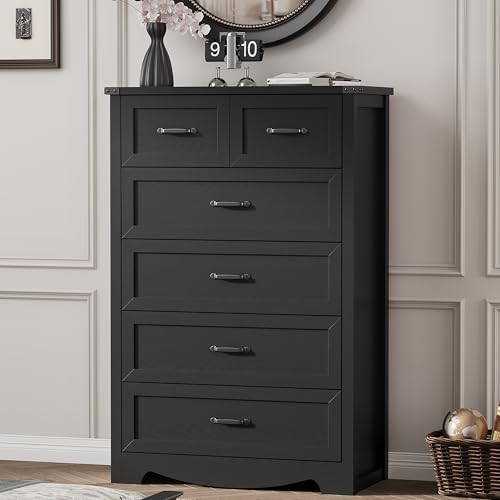 Image of Dresser for Bedroom with 6 Drawers, 49 inch Tall Wood Chest of Drawers with Deep Drawers & Mental Handle, Modern Dresser TV Stand, Wooden Closet Storage Organizer for Living Room, Hallway, Entryway, Black