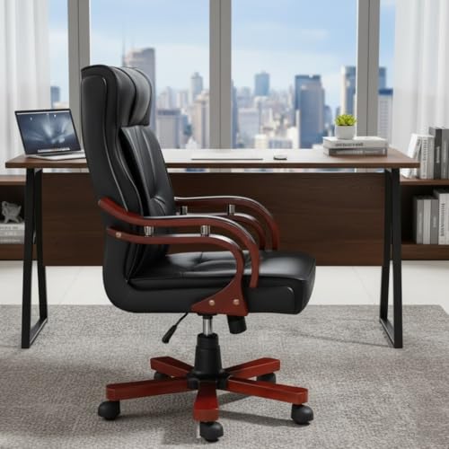 Image of Lakdi The Furniture High Back Director & Executive Chair for Office Made in Plyboard with Leatherette Upholstery & Mahogany Finished Armrests & Adjustable Features - 111011316 Black