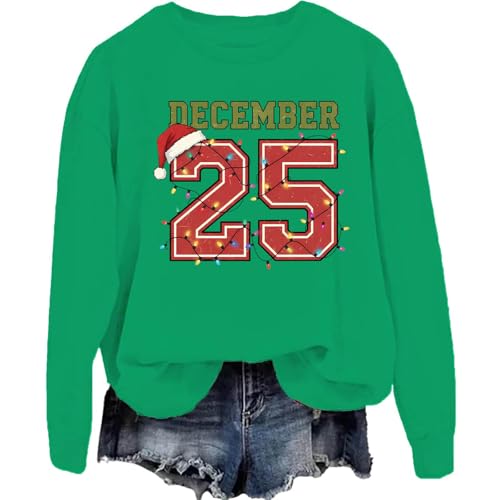 Image of TONGCHEN December 25 Santa Hat Festive Lights Christmas Sweatshirt Retro Black Long Sleeve Holiday Crewneck Pullover (US, Alpha, Medium, Regular, Regular, Green)