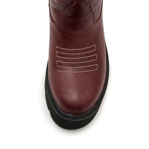 Image of Uillnoodu Women's Red Platform Cowgirl Boots with Zipper - Western Knee-High Chunky Sole Cowboy Boots
